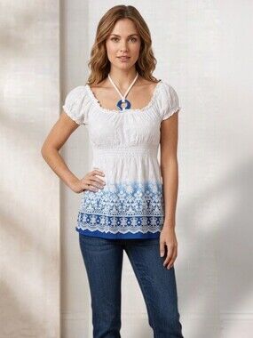 InternationalINCompany Women's White/Blue Boho Peasant Halter Smocked Blouse